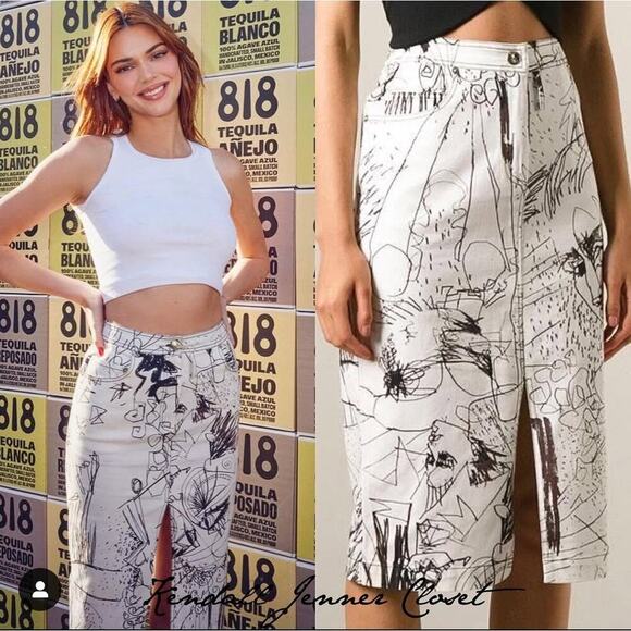 Vintage John Galliano Skirt Denim Pencil Sketches Printed Kendall Jenner Owned